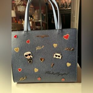 Karl Lagerfeld Blue Tote with Heart and Cat Accents